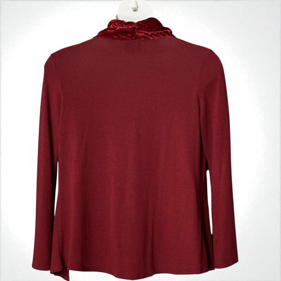 Etoile Ruffled Knit Cardigan Sz Large Open Front Velvet Trim Wine Red Boho Chic - Picture 5 of 6